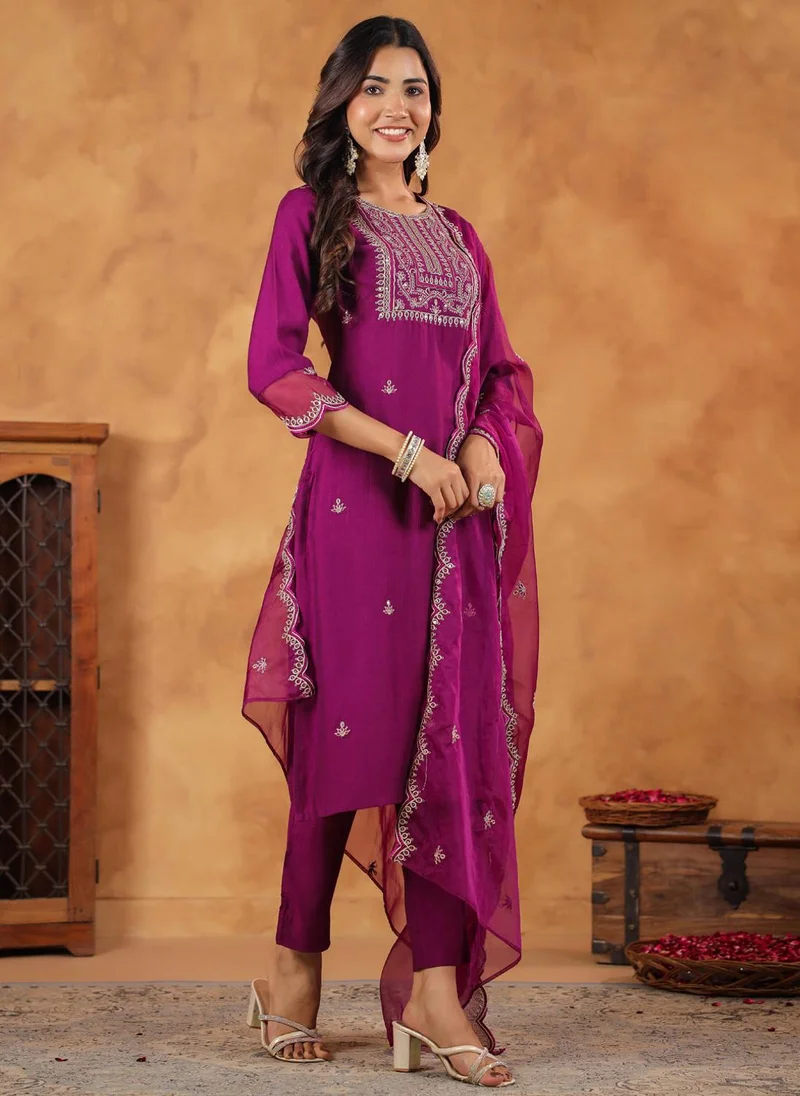 ZERESOUQ Purple Silk Blend Straight Embroidered 3-Piece Kurta Set